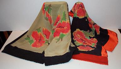 Silk stoles (red + beige, poppy design)